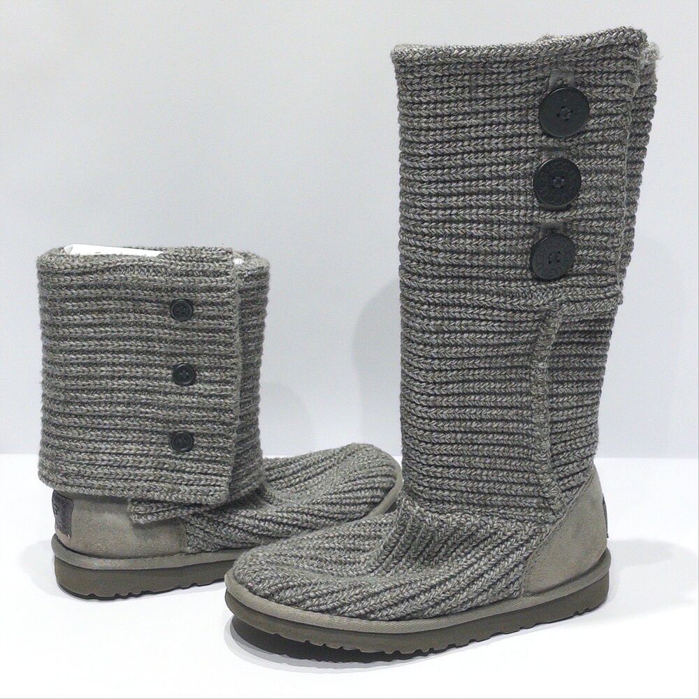 UGG 14" Cardy Gray Button Up Sweater Knit Winter Snow Boots Women 7 - Light Wear